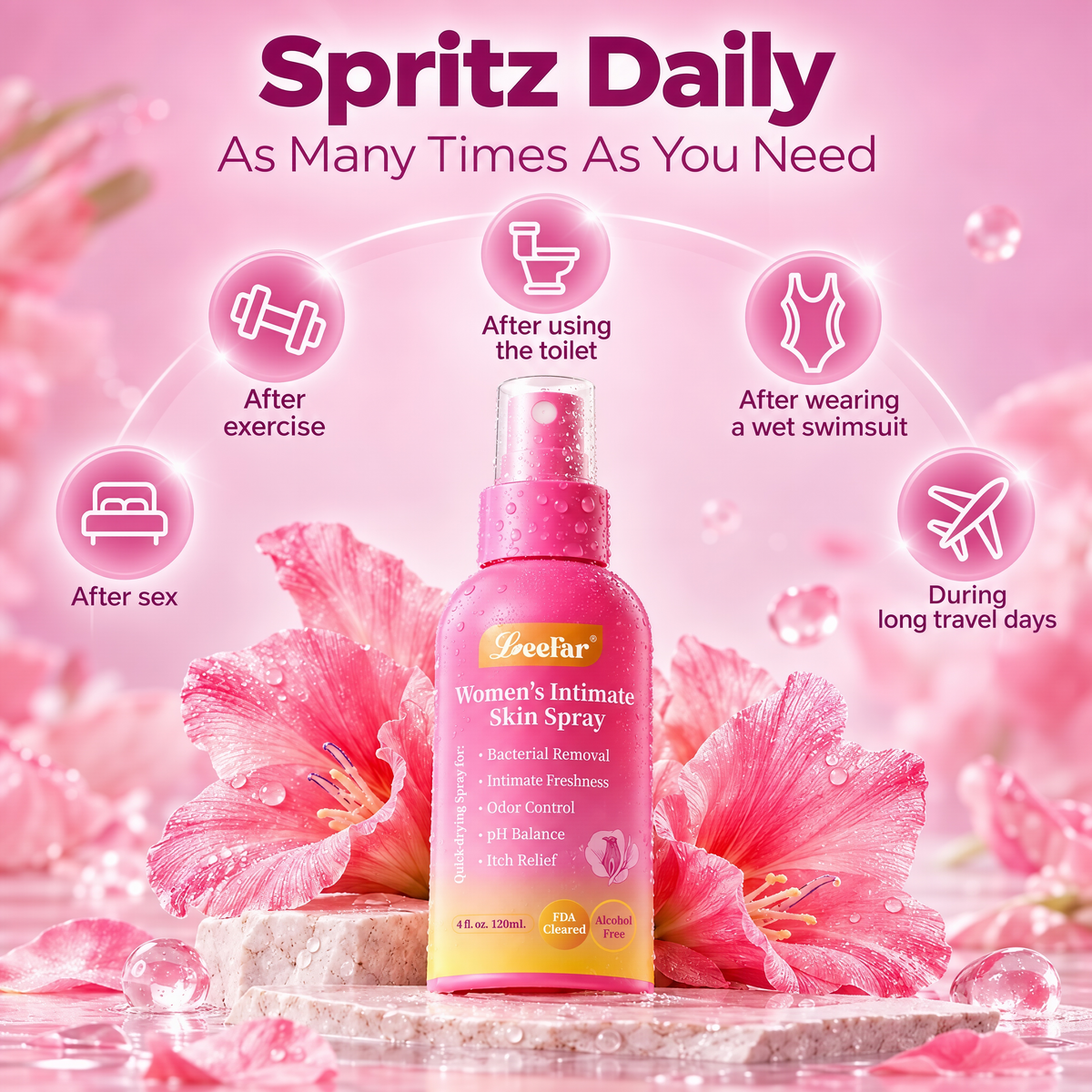 LeeFar Women’s pH Balance Intimate Spray – Feminine Mist for Odor Control & Itch Relief, Daily Hygiene Care, Gentle & Refreshing, Rinse-Free