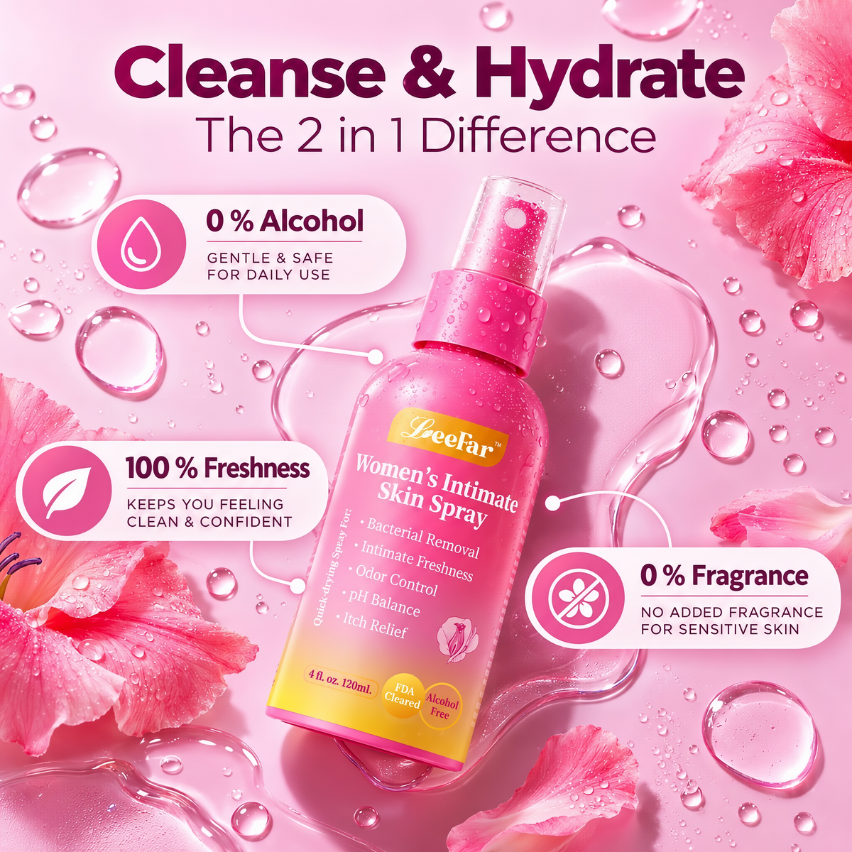 LeeFar Women’s pH Balance Intimate Spray – Feminine Mist for Odor Control & Itch Relief, Daily Hygiene Care, Gentle & Refreshing, Rinse-Free