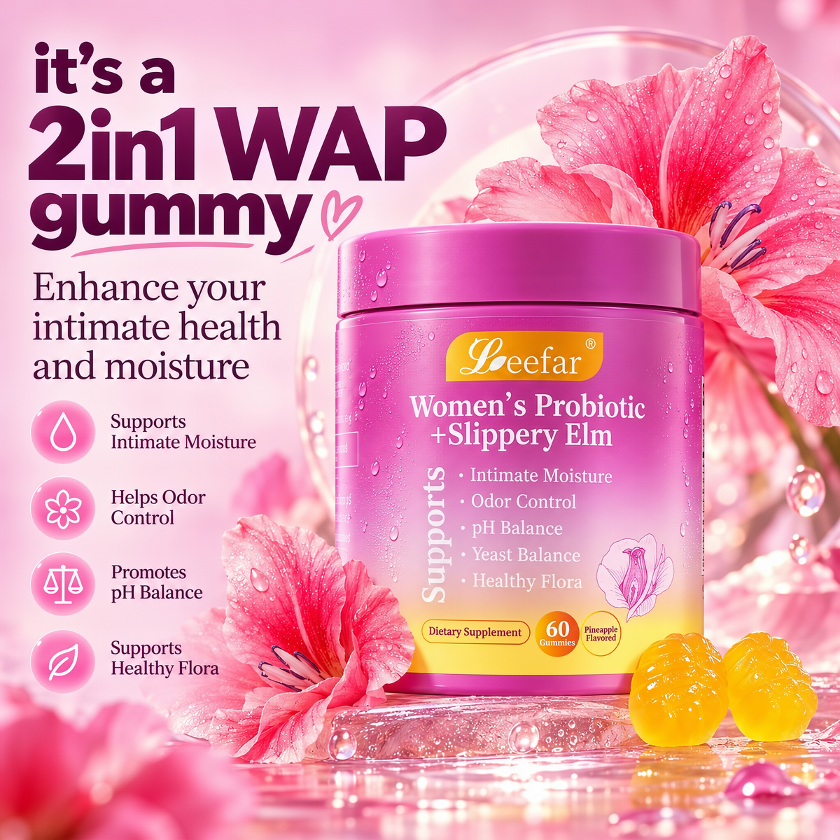 Women’s Probiotic + Slippery Elm Gummies, Tropical Pineapple Flavor | Supports ph Balance for Women, Digestive & Immune Health | 60 Gummies (1 Pack)