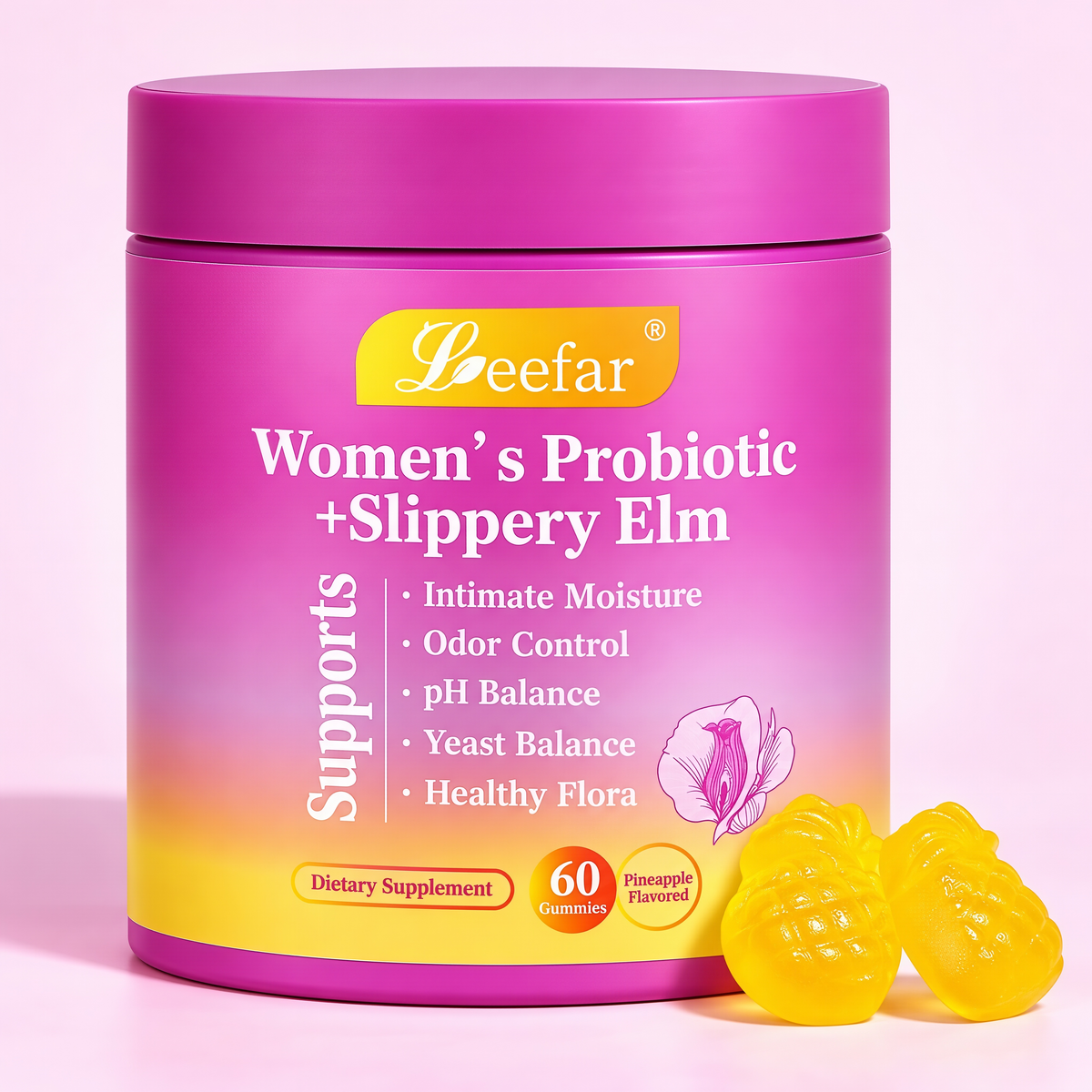 Women’s Probiotic + Slippery Elm Gummies, Tropical Pineapple Flavor | Supports ph Balance for Women, Digestive & Immune Health | 60 Gummies (1 Pack)