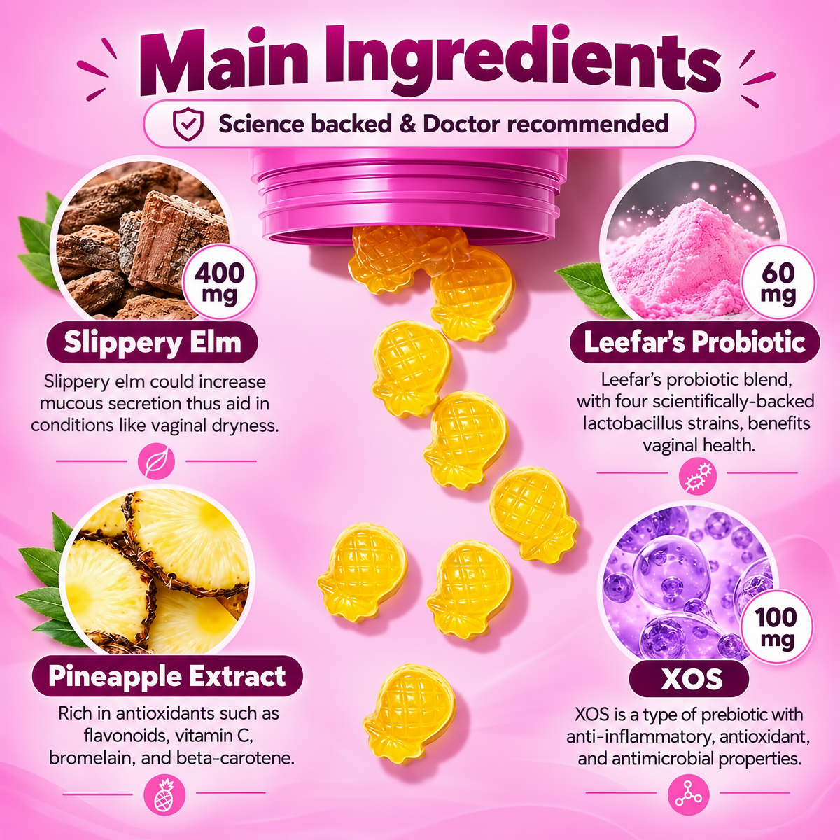 Women’s Probiotic + Slippery Elm Gummies, Tropical Pineapple Flavor | Supports ph Balance for Women, Digestive & Immune Health | 60 Gummies (1 Pack)